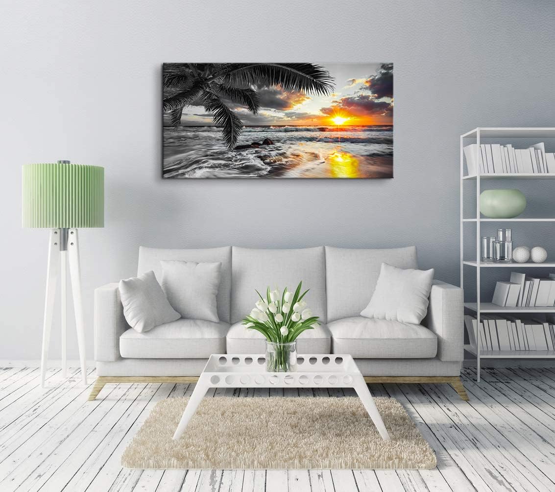 Yxbhhym-Large Canvas Ocean Wall Art Black White Gold Wall Art Beach Pictures for Walls Sunrise Seascape Scenery Print Palm Poster Wave Sea Artwork for Wall Art Living Room Office Wall Decor Bedroom