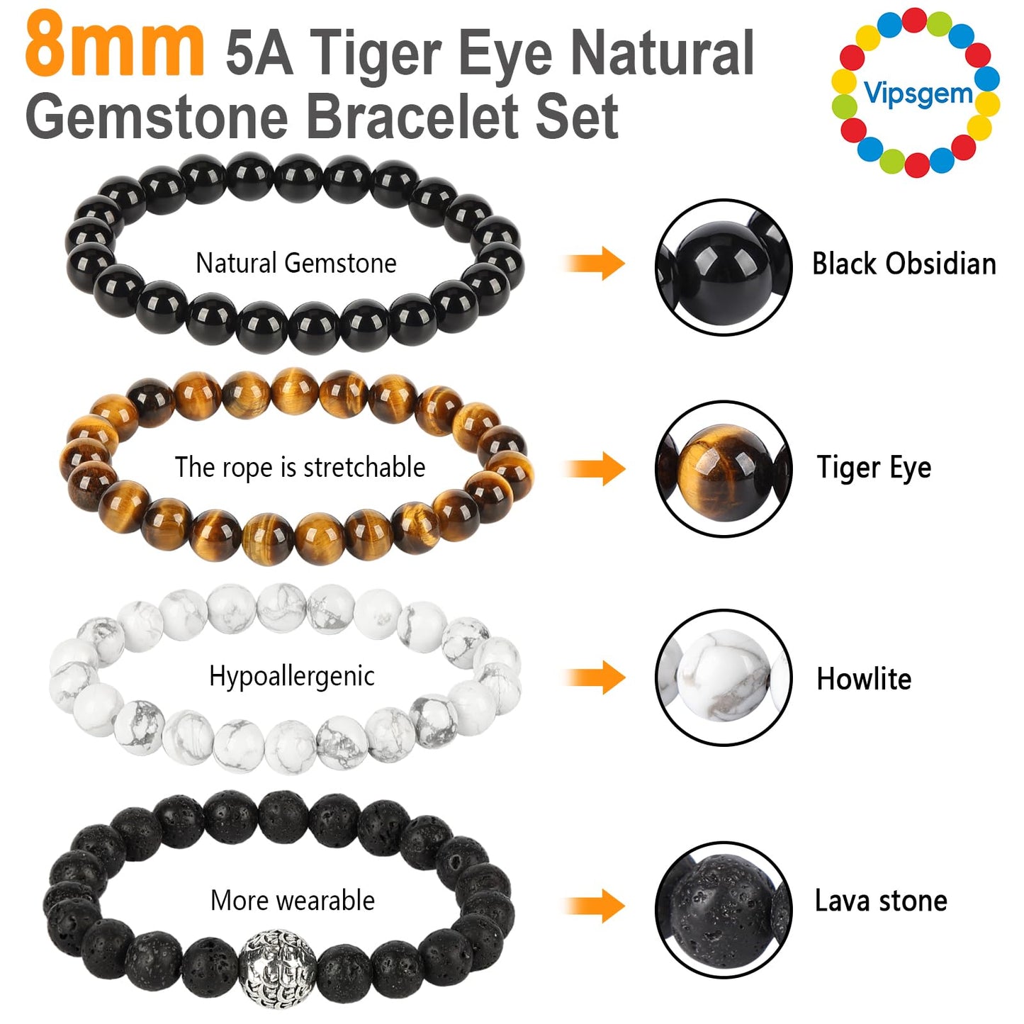 Vipsgem Tiger Eye Bracelet Genuine Natural Mens Bracelet For Men Unisex 8mm 10mm 12mm Medium Large Sizes Premium Black Obsidian Gift Waterproof Jewelry Set