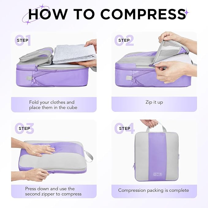 8 Set Compression Packing Cubes for Travel Essentials,Compressible Expandable Packing Cubes for Suitcase,OlarHike Luggage Organizer Bags for Travel,Handy Helper for Organizing Clothes(Light Purple)