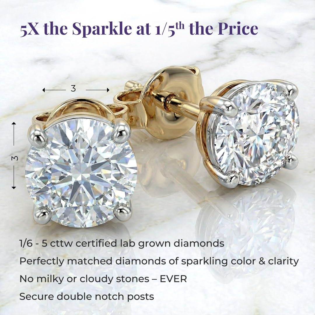 Diamond Earrings for Women | Lab Created 1/6 CTTW Real 14K Yellow Gold Small Diamond Studs | Certified by Gemologists | Ideal Valentine's Day Surprise for Wife