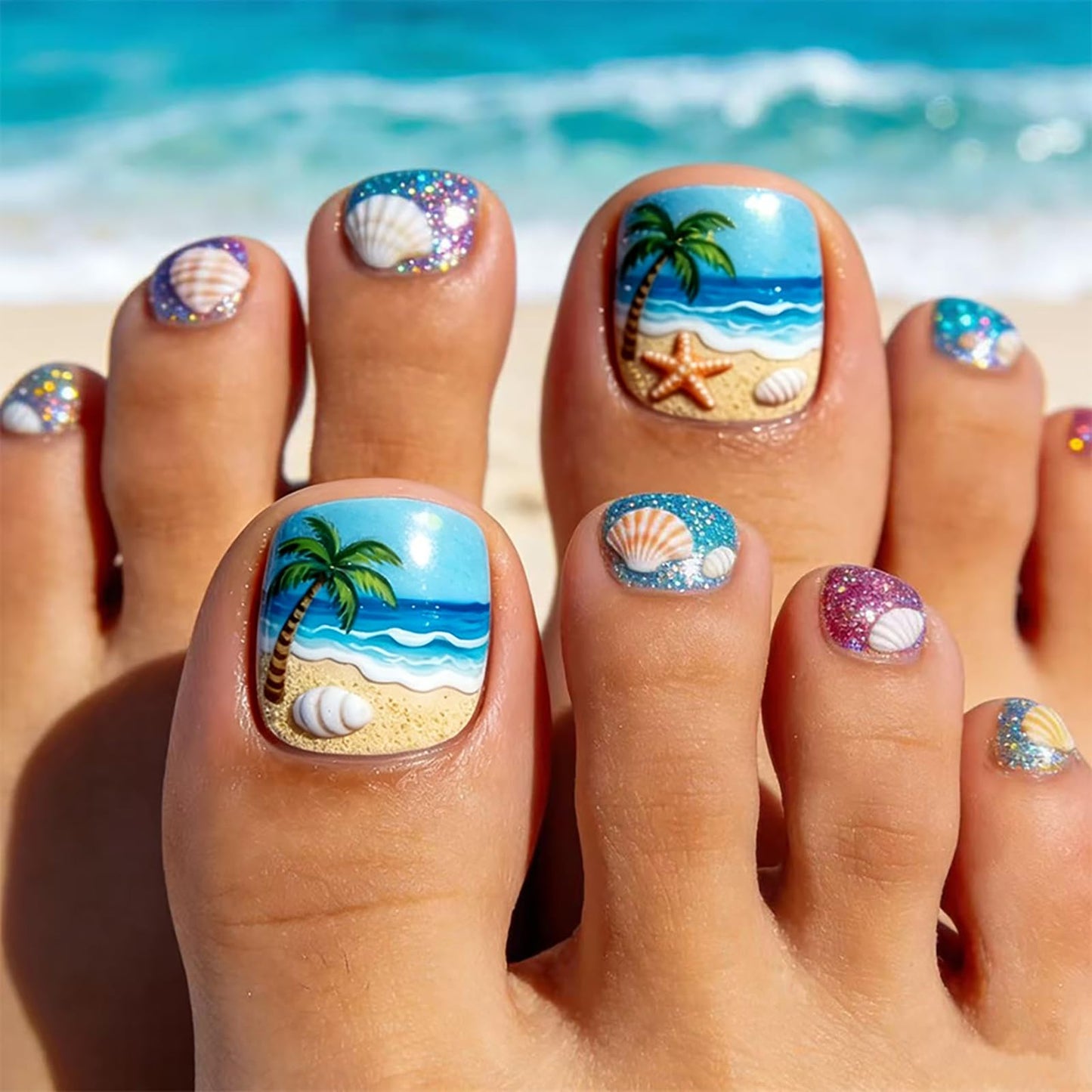 Summer Beach Press on Toenails,Short Square Fake Toenails Coconut Trees Toe Nail Press Ons with Starfish Shells Glitter Designs Full Cover Acrylic Glossy Stick on Toe Nails for Women 24Pcs