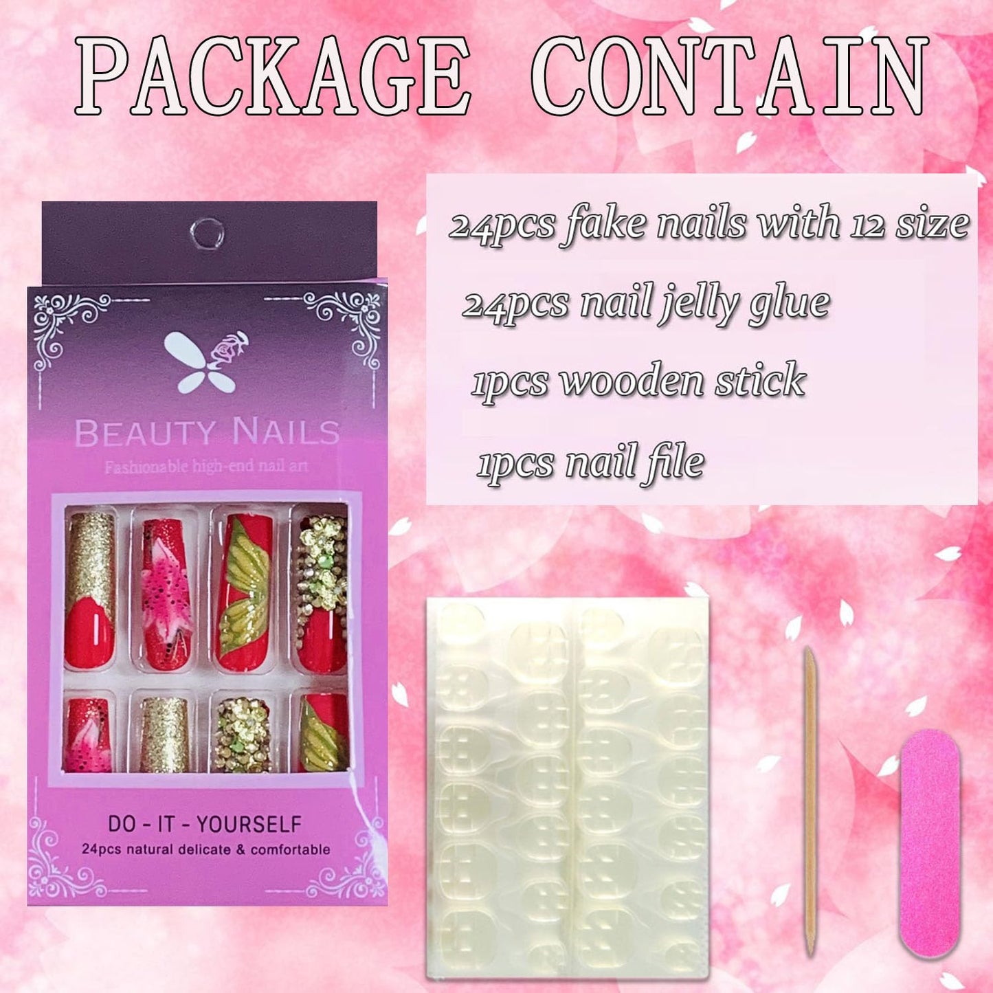 FIEONCIY Press on Nails Coffin Long Length Acrylic Glossy Full Cover Square Shaped French False Nails with Designs Artificial Extra Long Fake Nails with Charms Glue ons Fingernails for Women(AA125)