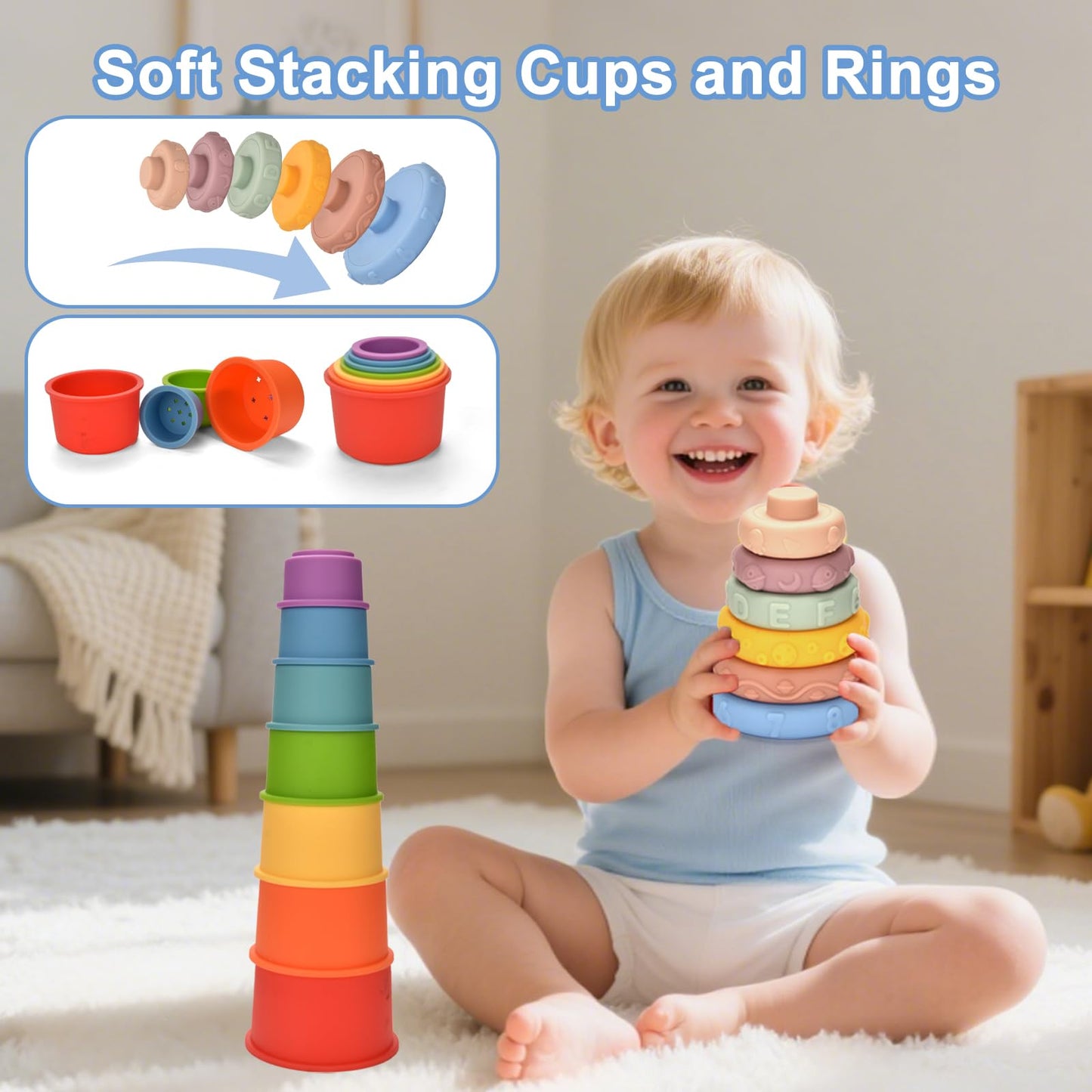 Montessori Baby Toys 6-9 12-18 Month,7-in-1 Sensory Infant Teething Toys for 6-12 Month,Stacking Blocks Cups Ring Matching Eggs Pull String Suction Cup Toy for Babies 6-12+ Months,1 Year old Baby Gift