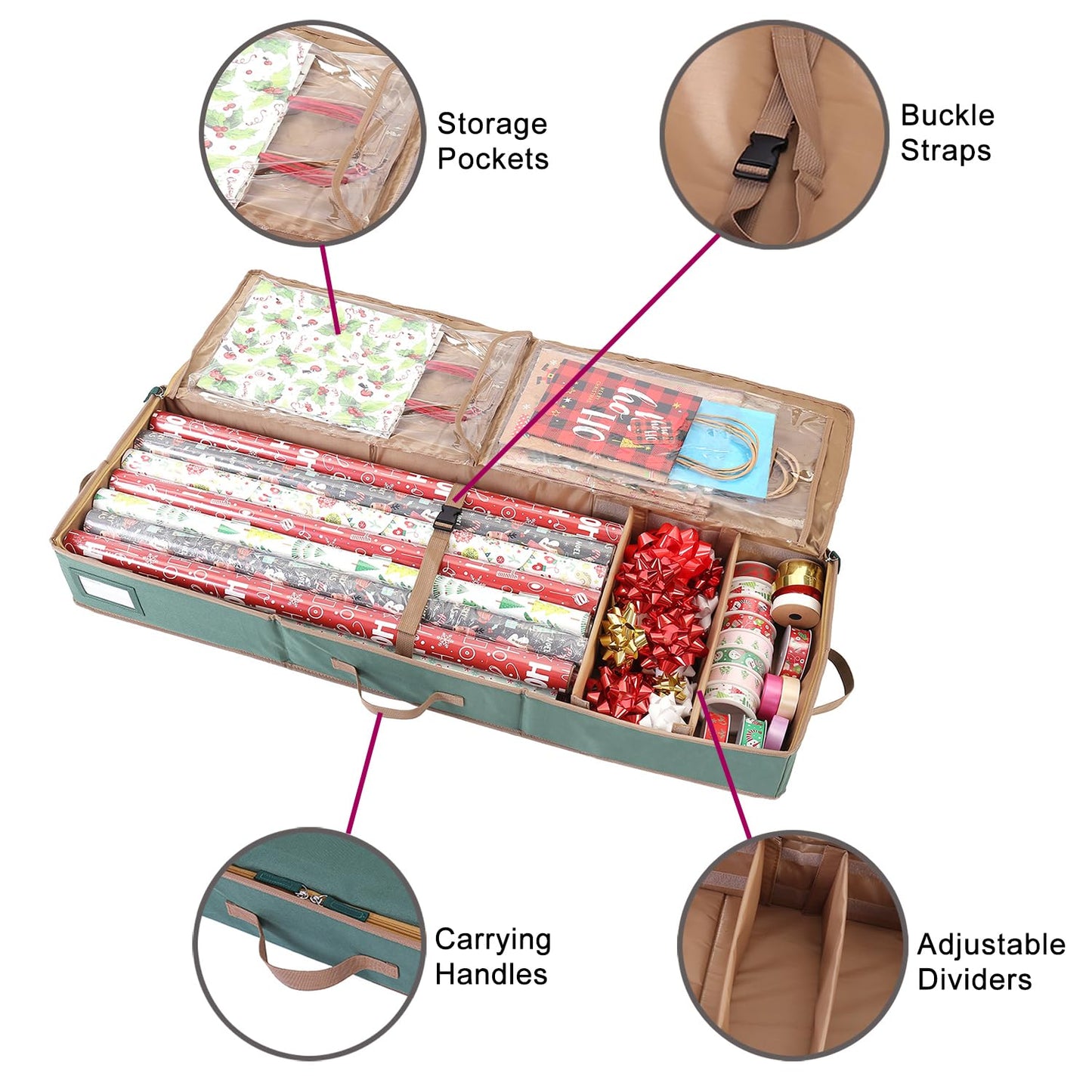 Sattiyrch Gift Wrapping Paper Storage containers,600D Oxford Fabric Christmas Ribbon Gift Bag Bows Storage Box,Holds up to 20 Rolls,42"W x 14"D x 5.5"H (Red)