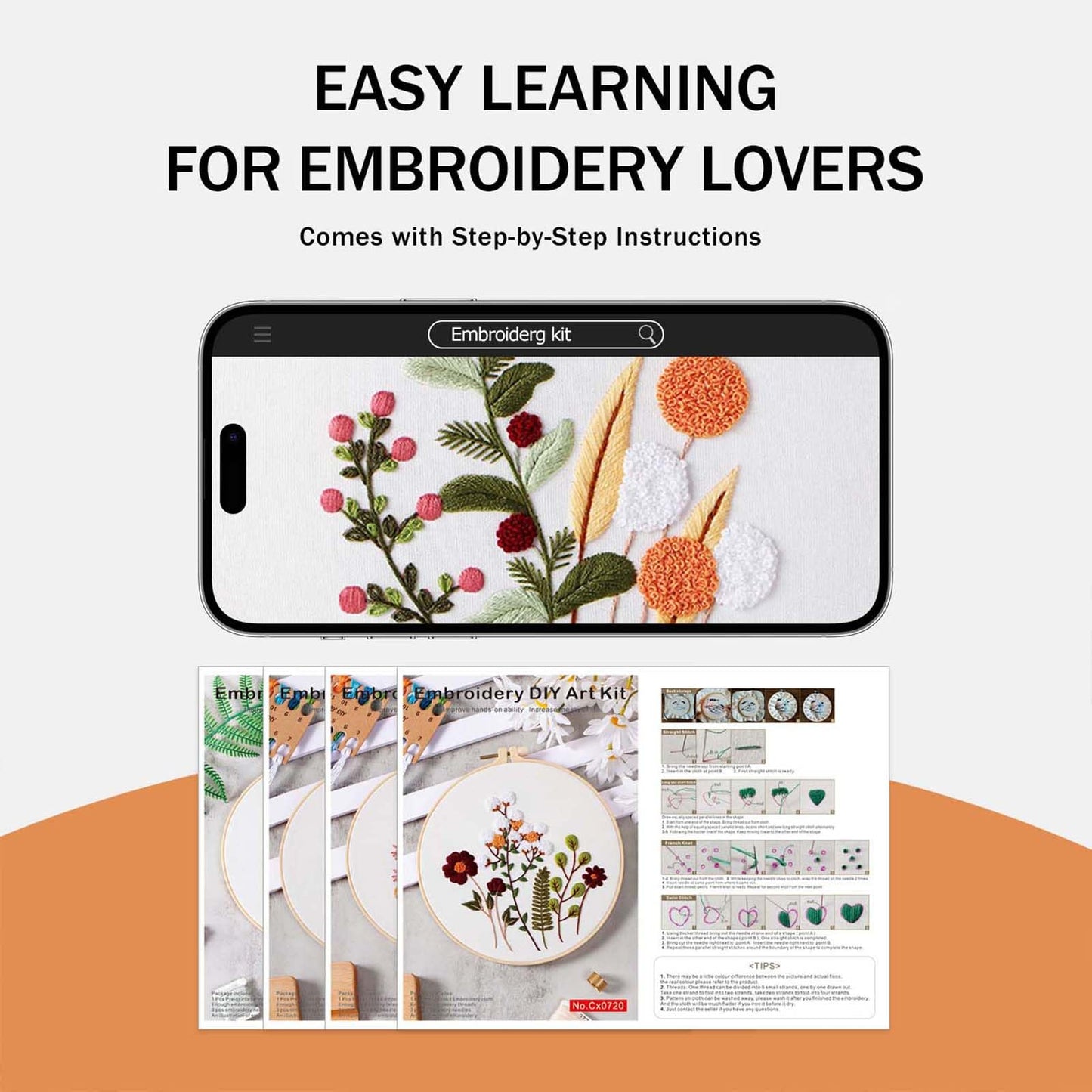 DMFXNBLM Embroidery Kit for Beginners, 4 Floral Pre-PrintedPatterns, Includes Multiple Accessories, with Step-By-Step Instructions and Clear Videos, Complete Kit Gift for Craft Lovers