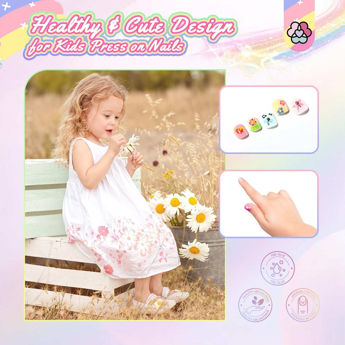 SAVILAND 3D Press on Nails for Kids: 7 Pack Kid Press on Nails for 5-9 Years Pre Glue Full Cover Short Kids Fake Nails Stick On Children Artificial False Nail Tips Fingernails Gifts for Kid