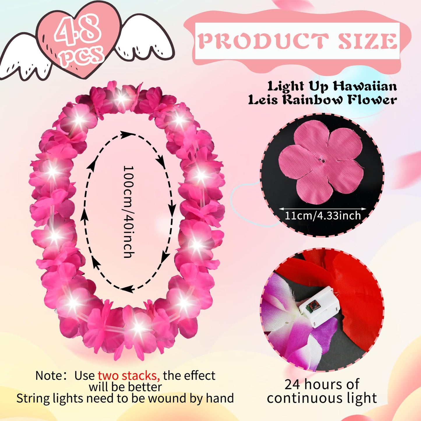 Sherr 24 Pcs LED Hot Pink Leis Light up Wedding Hawaiian Leis Flower Necklace with LED Lights Beach Tropical Carnival Party Wedding Supplies Luau for Masquerade