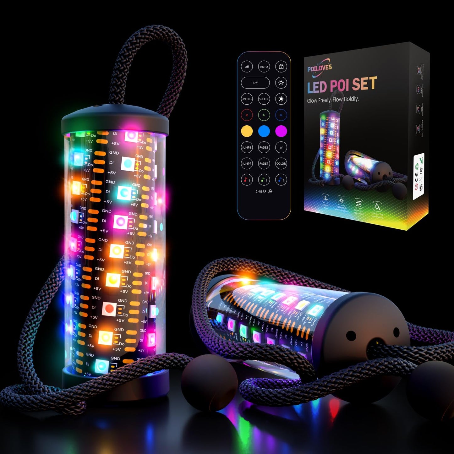 POILOVES LED Poi Stick, 241 Light Modes USB Rechargeable Magic Glow Stick with Customizable Colors, Profound Visual Effect for Flow Arts Rave Festival Performance
