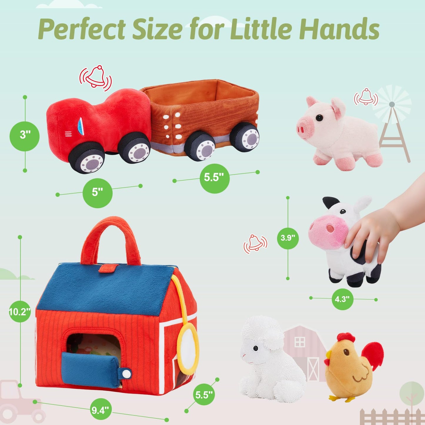 OUOZZZ Farm Stuffed Animals Toys Set for Toddlers 1 2 3 Year Old Soft Plush Playhouse with Sensory Tractor, Animal Friends with Bell Sound & Activity Mat – Portable Toy Gift for Baby Boys & Girls 9.4"