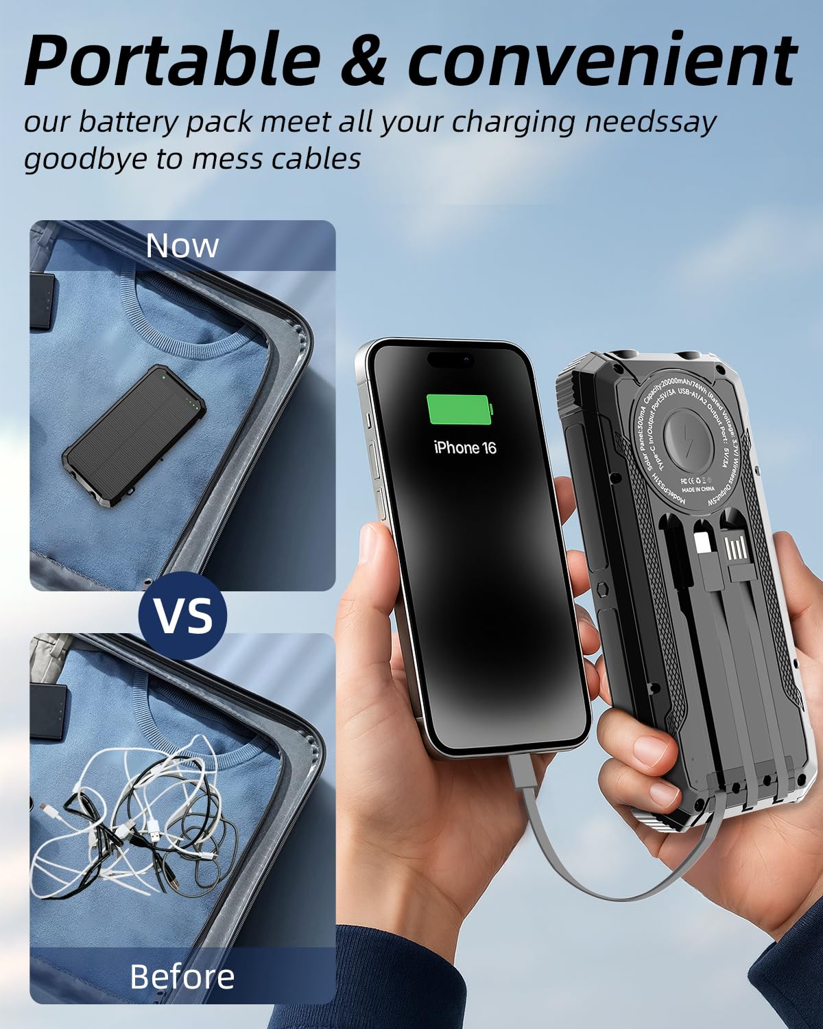 Nuynix Solar Power Bank 20000mAh, 15W Wireless Fast Charger with 3 Built-in Cables, USB-C Output Portable Battery Pack, Dual Flashlights Power Bank for iPhone 17 16 15 14, Samsung Galaxy, Camping