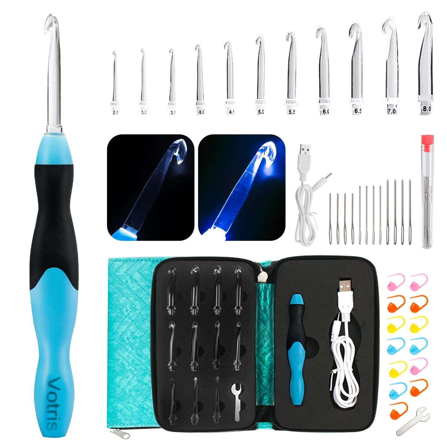 Votris Light Up Crochet Hook Set - 11 in 1 Lighted Crochet Hook Set for Beginners, Ergonomic Soft Grip, Rechargeable Light, Interchangeable Heads - Ideal Crochet Hooks Kit, Gift