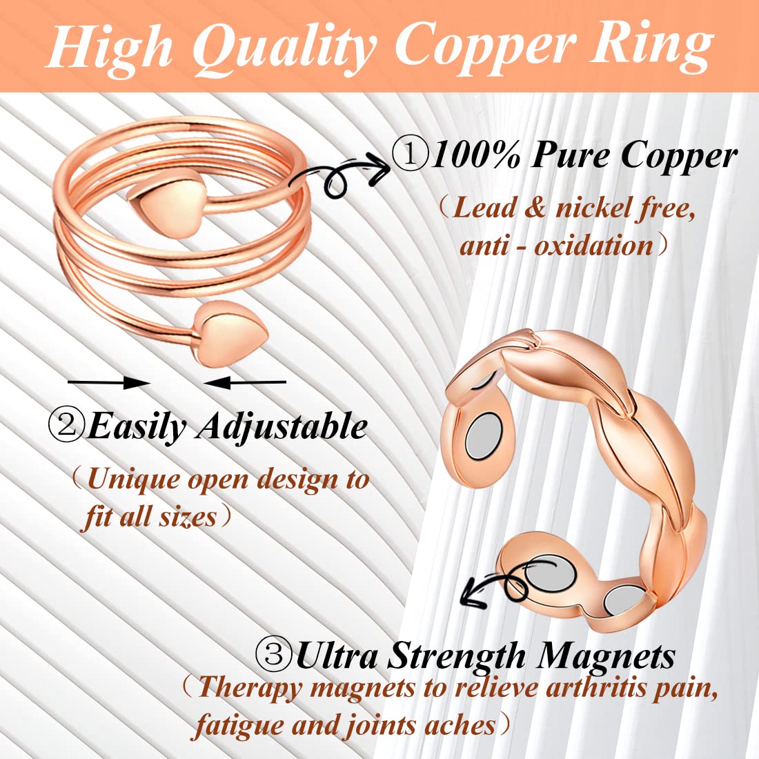 Cigmag 4PCS Copper Rings for Women Magnetic Rings Strong Magnets Pure Copper Adjustable