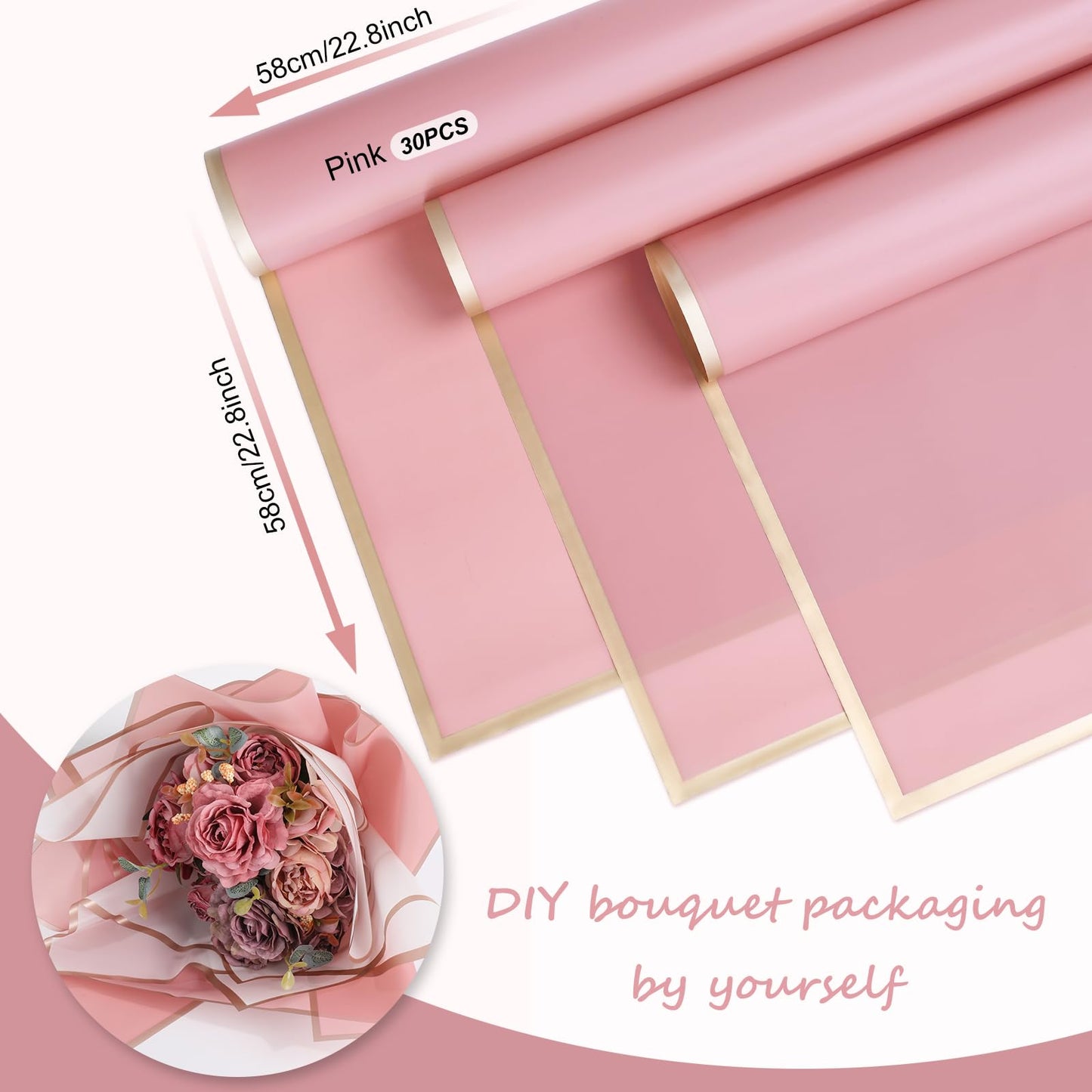 Whaline 30 Sheets Floral Wrapping Paper Folded Flat Pink Flower Bouquet Wrap Paper with Rose Gold Edge Waterproof Double Sided Florist Packaging Paper for Wedding Birthday