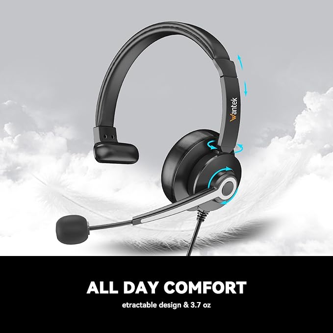 Wantek USB & 3.5mm Headset with Mic for PC/Laptop,Wired Headset with Noise-Cancelling Microphone & Audio Controls Perfect for Home Office Online Class Skype Zoom Call Center Webinar,Monaural