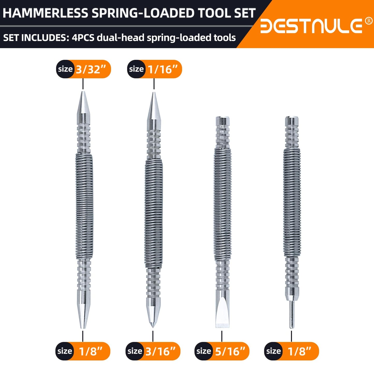 BESTNULE 4-Piece Nail Setter Dual Head Nail Set & Dual Head Center Punch & Hammerless Cold Chisel & Hinge Pin Remover Punch Set, Nail Setter Features 1/8-in, 3/32-in, 3/16-in, 1/16-in, 5/16-in, 1/8-in