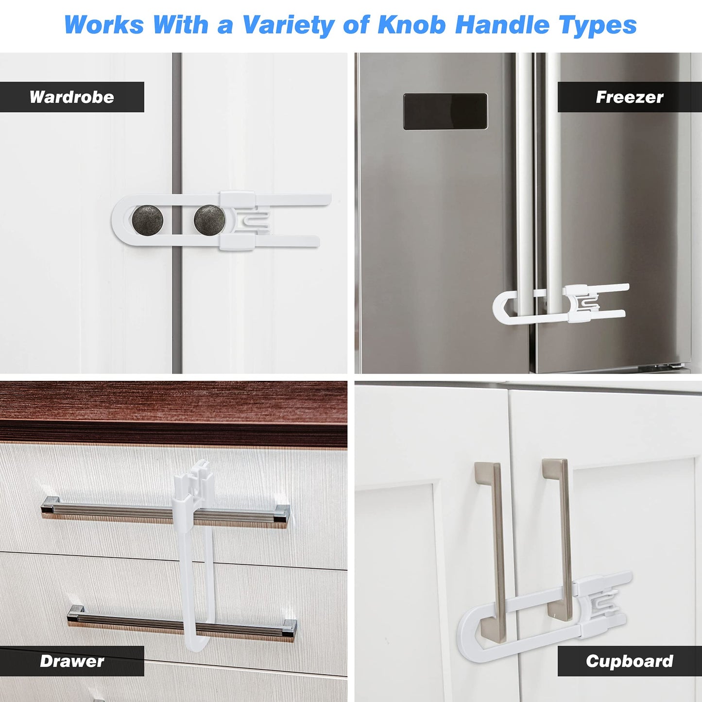 Vmaisi Baby Sliding Cabinet Locks - Adjustable U Shaped Child Safety Locks for Cabinets with Handles or Knobs, Childproof Latches for Kitchen Bathroom Storage Cupboards 10 Pack