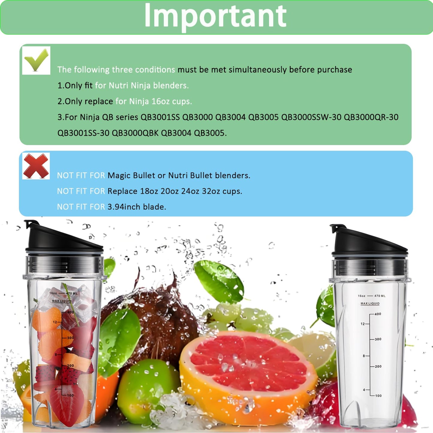 Sonkettek For Ninja Blender Cups 16oz Replacement Parts for Ninja QB3001SS BL770 BL780 BL660 BL740 BL810 QB3000SS, 2 Pack Nutri Ninja Series Blenders 16oz cups with Sip & Seal Lids