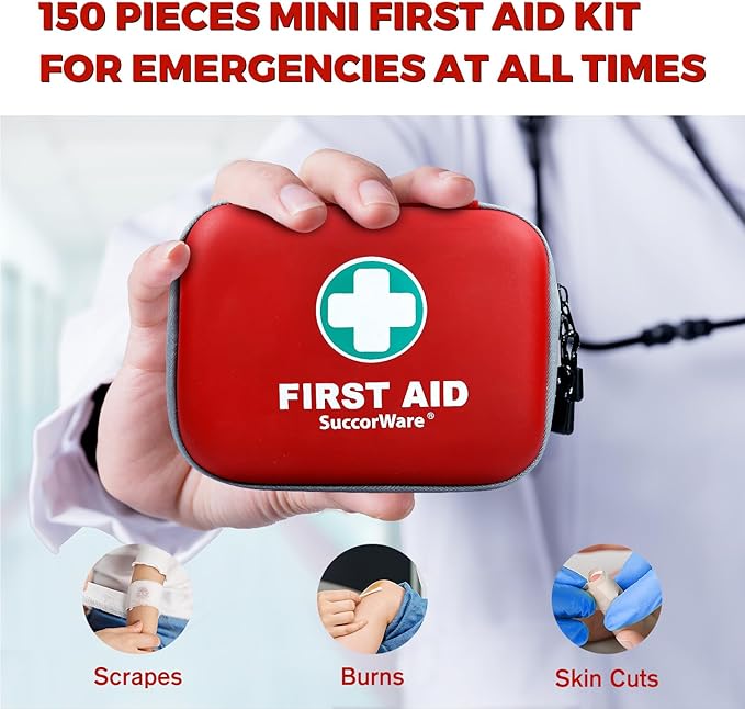 150 Pieces Mini First Aid Kit - Small Medical Kit with Hard Shell - Emergency First Aid Kit for Car, Travel, Home, Outdoor, Office, Camping, Hiking (Red)