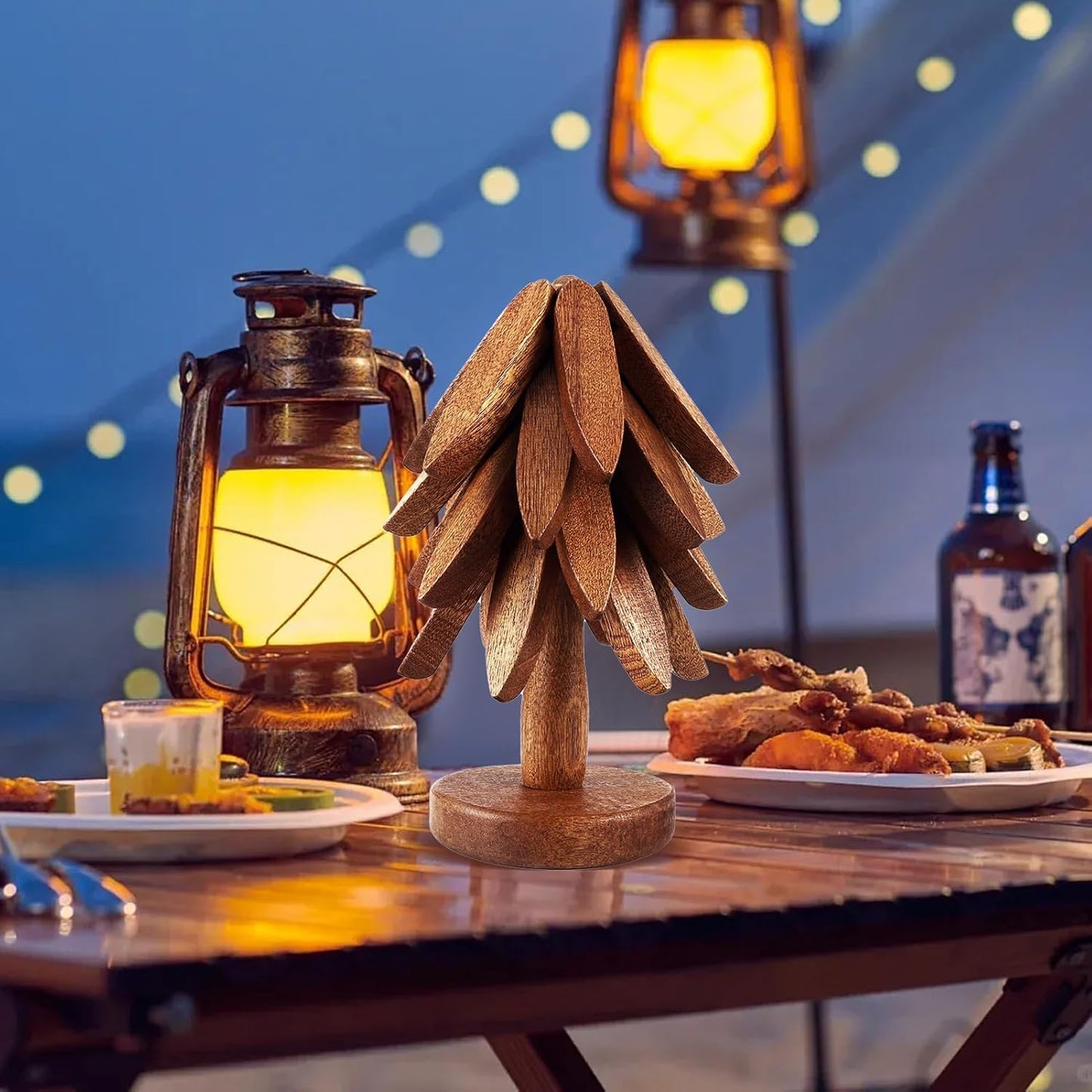 Wooden Trivets for Hot Dishes, 4 Wooden Tree Trivets + 1 Stand Stored Like a Christmas Tree (Walnut)