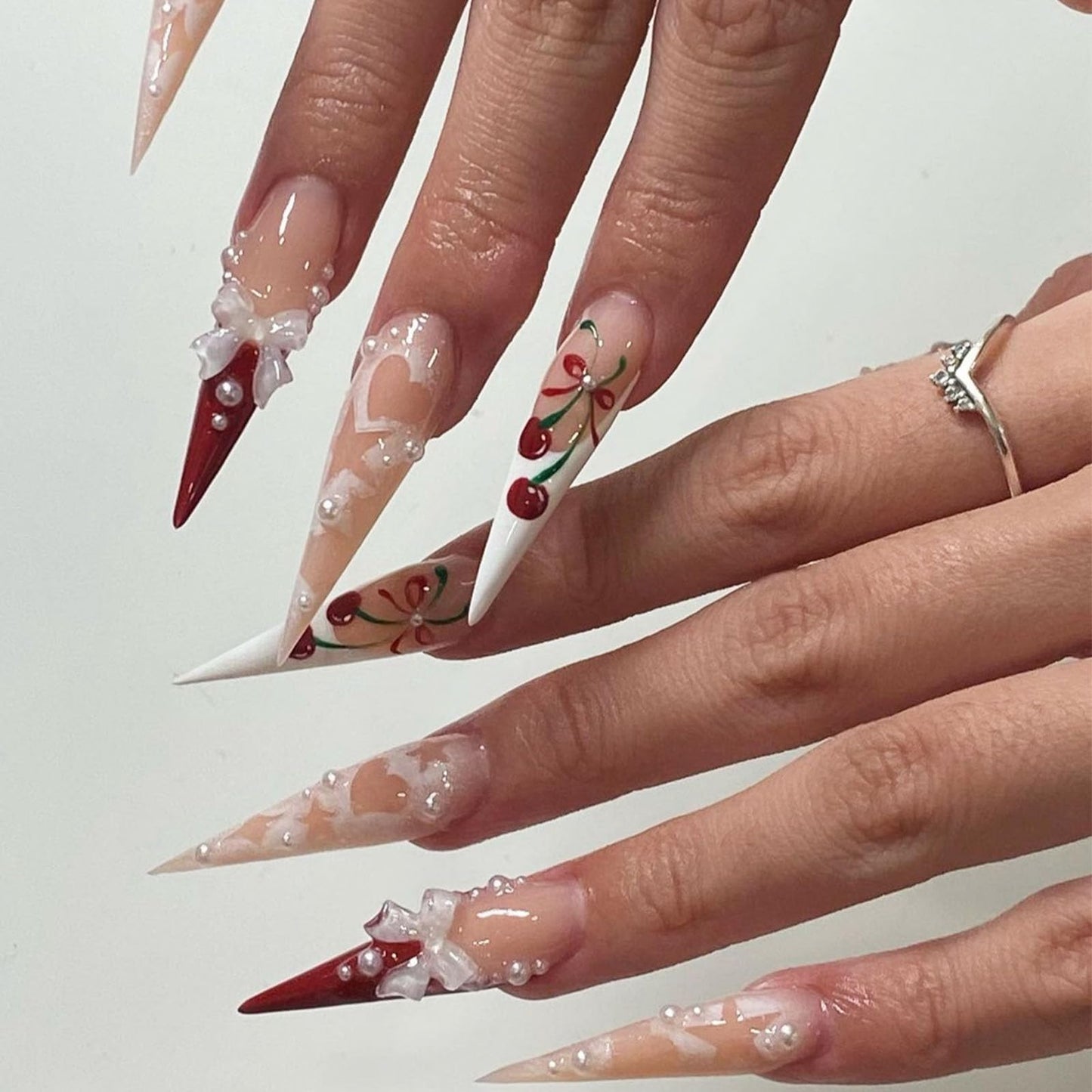 IMRAIN Long Press on Nails Stiletto Red French Tips Fake Nails Full Cover Glossy Acrylic Nails Press ons Cute Cherry & Bow Designs Glue Stick on False Nails for Women 24Pcs