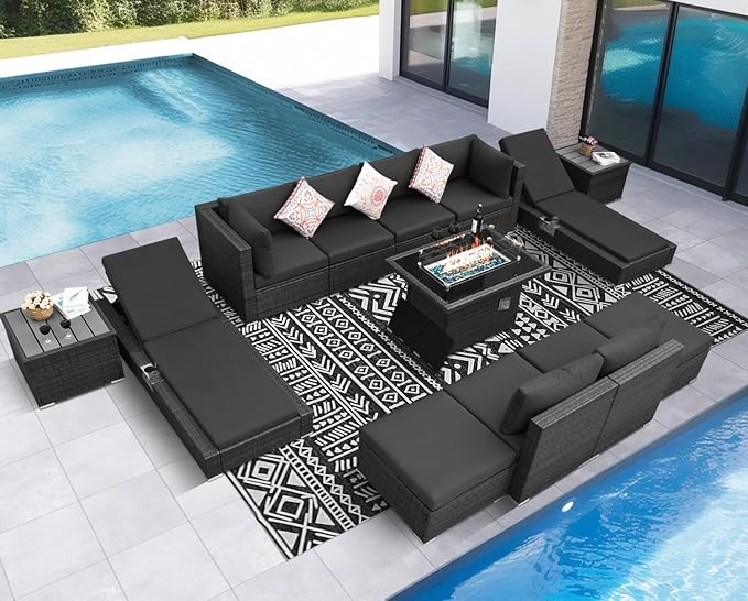 NICESOUL 13 Piece Patio Set with Fire Pit Table, Luxury Large Size Outdoor Furniture with Firepit & Chaise Lounge, 29.3" Highback Deep Seating 500 lbs Heavy Duty for Backyard, Deck, Dark Grey
