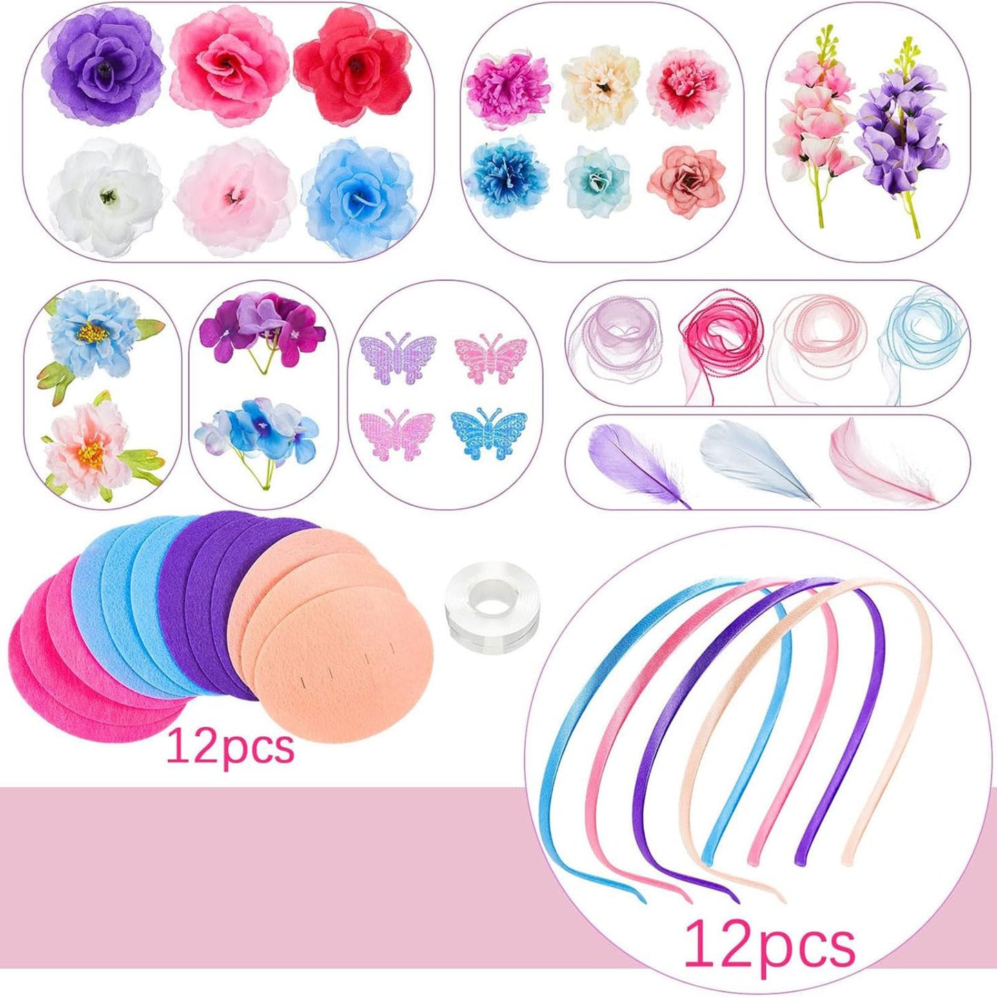 Windkream 353 Pcs Headband Making Kit for Women Include 12 Headbands 24 Fake Flowers 300 Feathers 4 Mesh Ribbons 1 Roll Double Faced Adhesive Tape 12 Butterfly Accessories for DIY Hair Tea Party Decor
