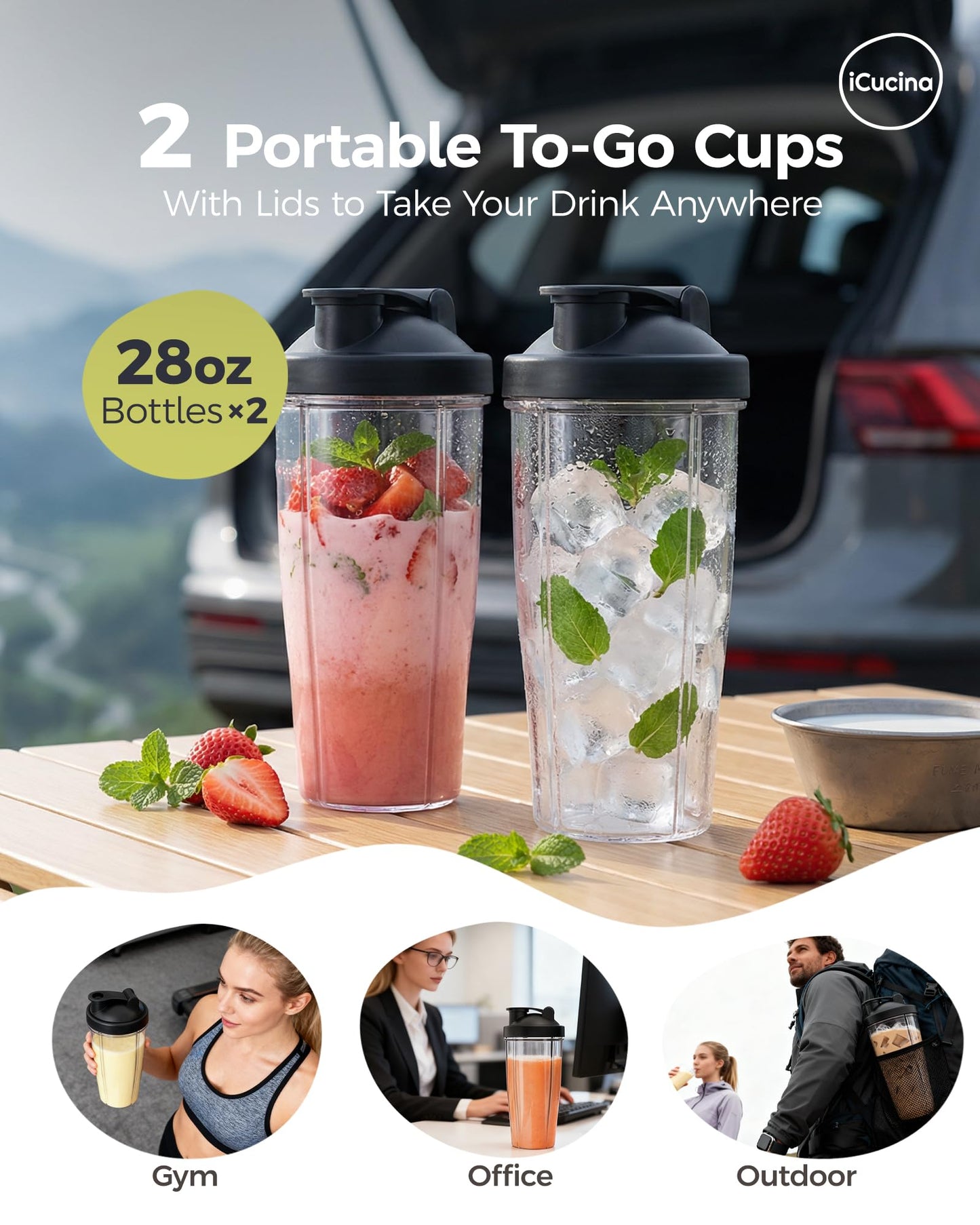 ICUCINA - 28 Oz Blender Cup Replacement with To-Go Lids, Cups for Protein Shakes, BPA Free Smoothie Cups (Pack of 2)