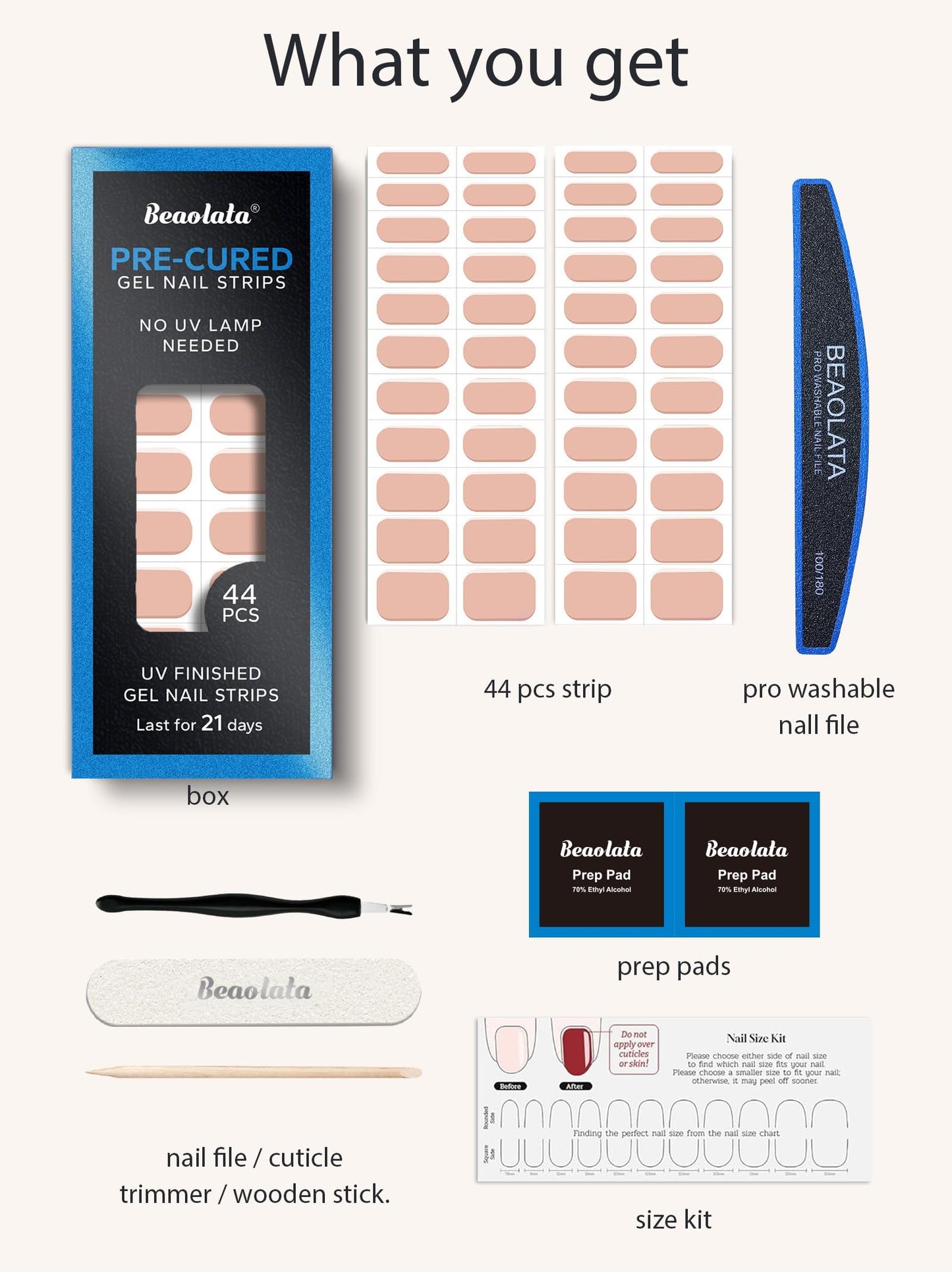 Beaolata Real Gel Nail Strips (No UV Light Needed) - 44Pcs Salon Quality Nail Stickers - Long Lasting Polish Wraps for Women, Easy Apply & Remove (Nude Blush)