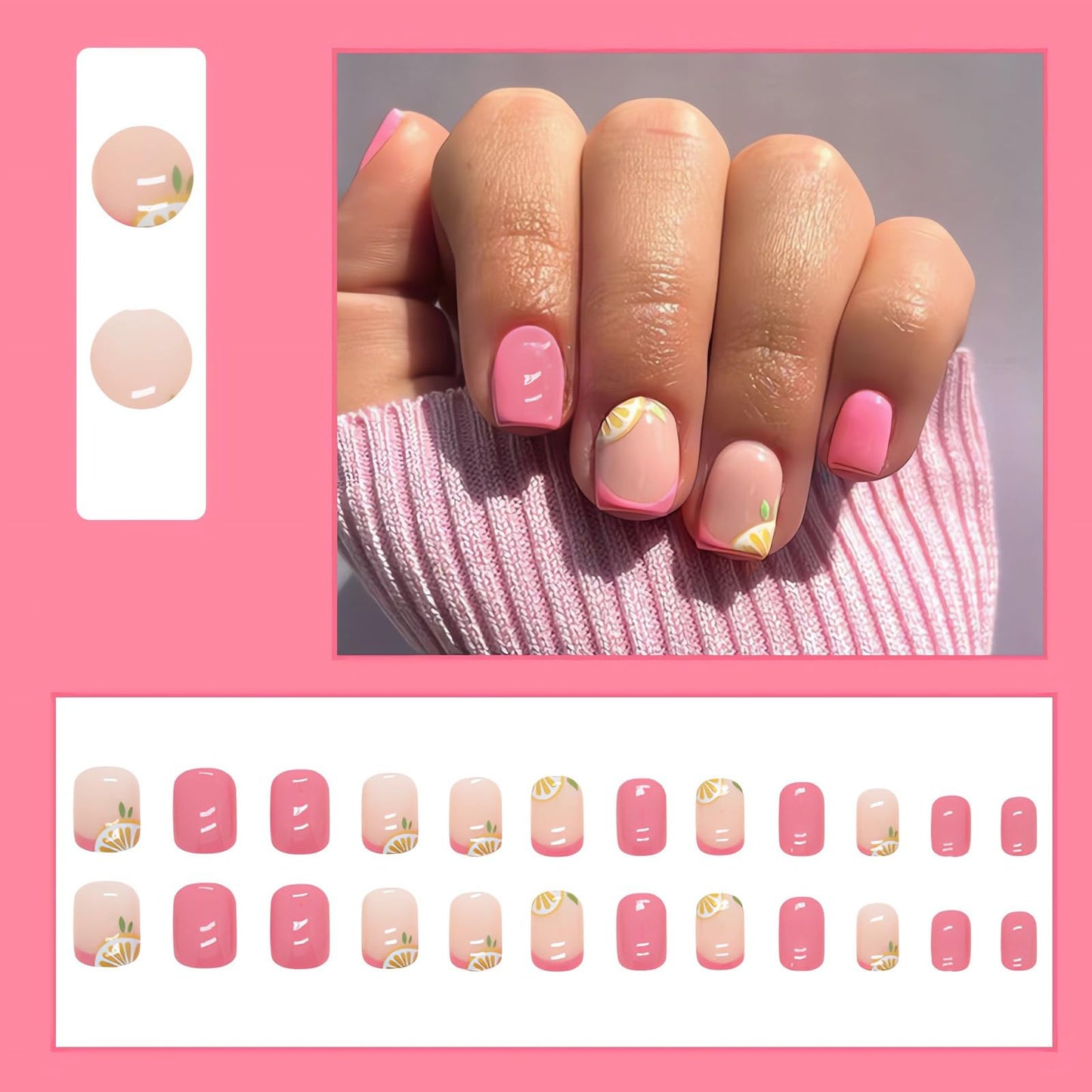 IMSOHOT Short Square Pink French Tip Fake Nails Cute lemon Designs Glossy Glue on 24 Units Summer Fruit Squoval Artificial Nails