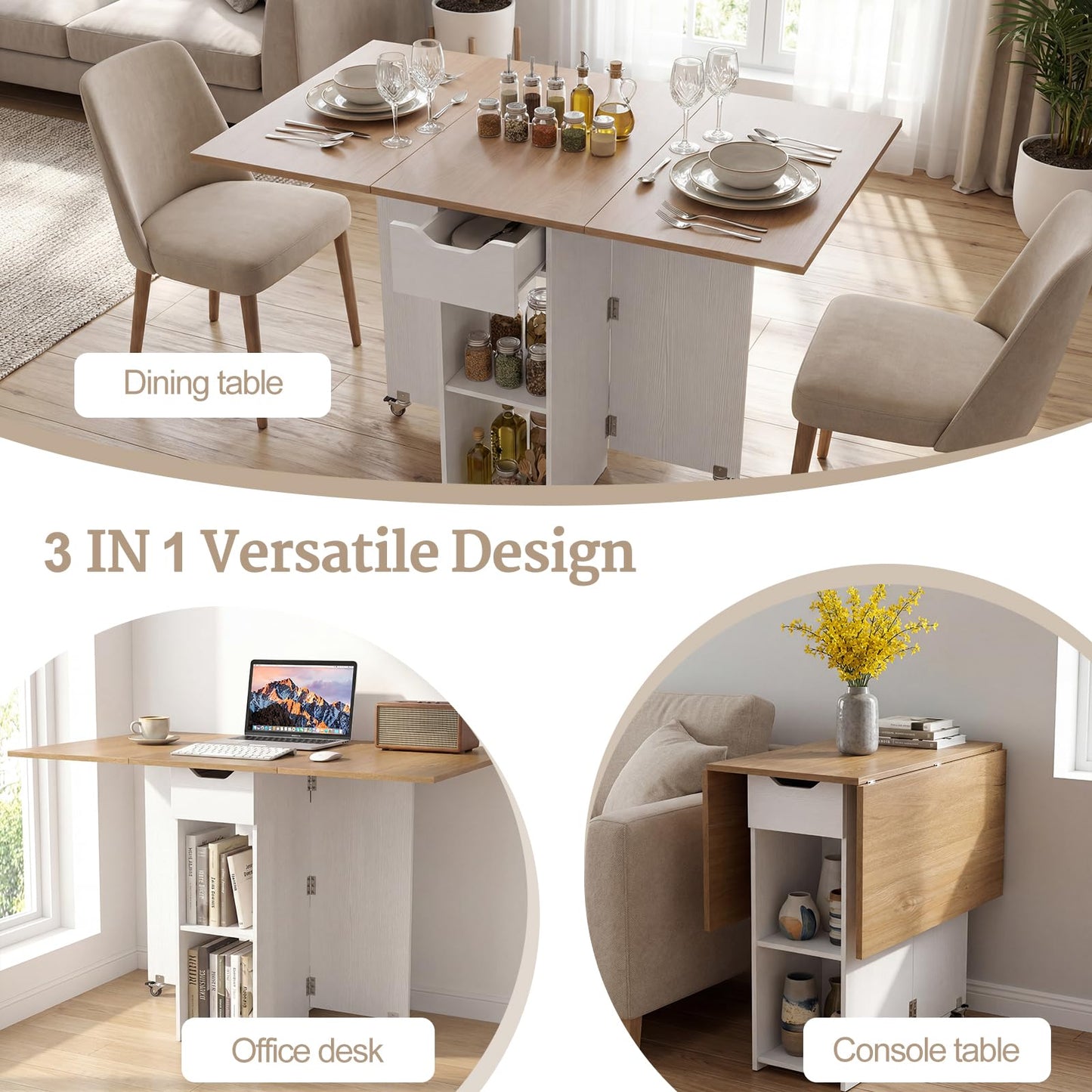 GOFLAME Drop Leaf Dining Table for 2-4, Folding Kitchen Table with Open Shelves & Drawer, Lockable Wheels, Space Saving Extendable Table for Dining Room, Living Room, Small Space, Natural & White
