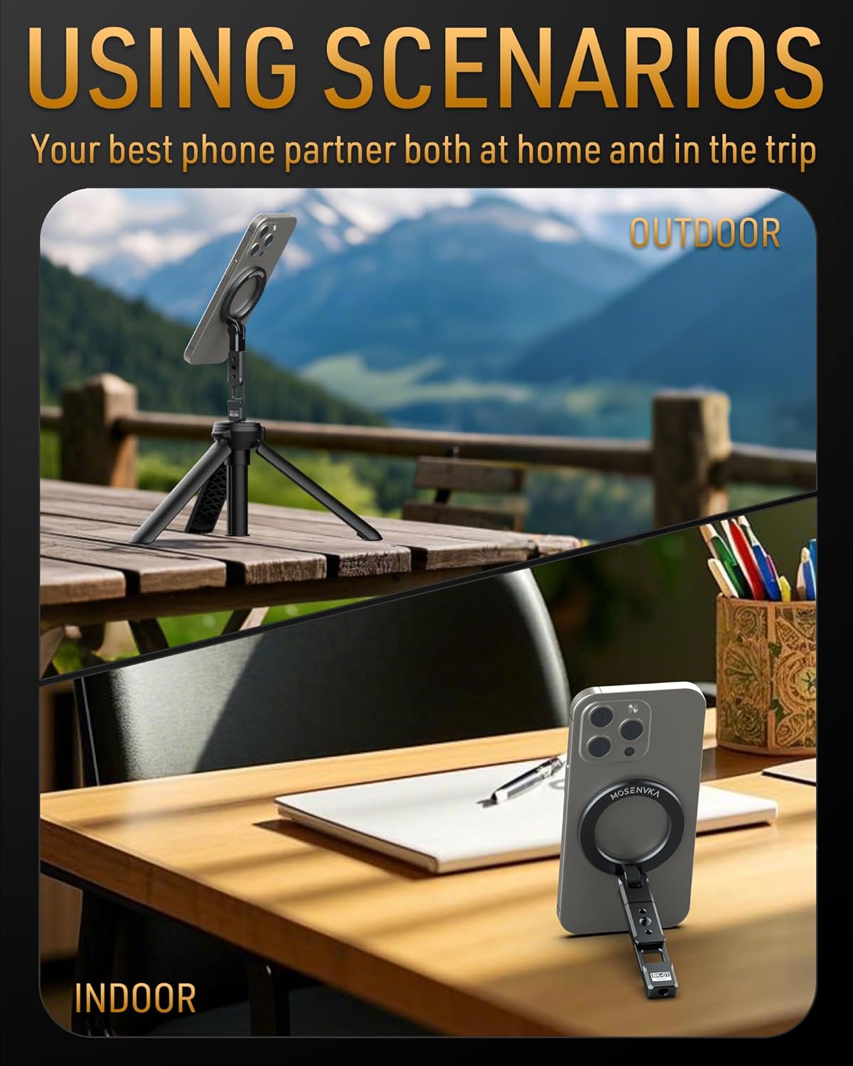 Magnetic Tripod Phone Mount,Travel Phone Grip for iPhone,Foldable Desk Stand Magnet Phone Holder, Phone Mount for Content Creator with 1/4" Hole&Cold Shoe for iPhone 16/15/14/13/12/Tripod