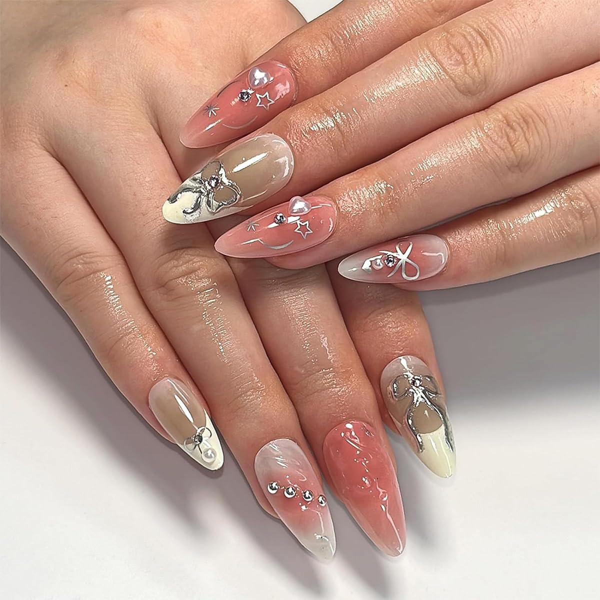 Pink Press on Nails Medium Almond False Nails Gradient Pink White Nails with Silver Bow & Rhinestone Design French Tip Fake Nails Reusable 3D Bow Glue on Nails for Women Party Wedding Manicure 24Pcs