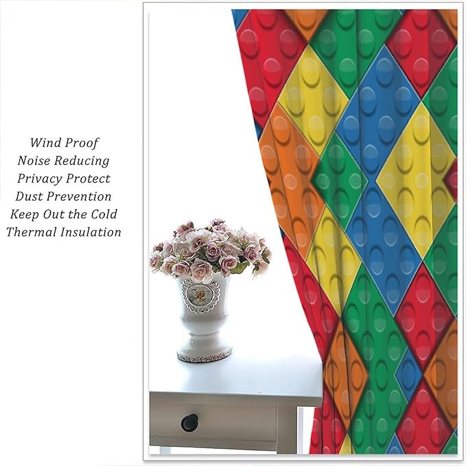 Kids Building Blocks Toy Curtains Boy Girl Room Printed Curtains Abstract Colorful Bricks Children's Nursery Blackout Curtains 42x54 Inches 2 Panels