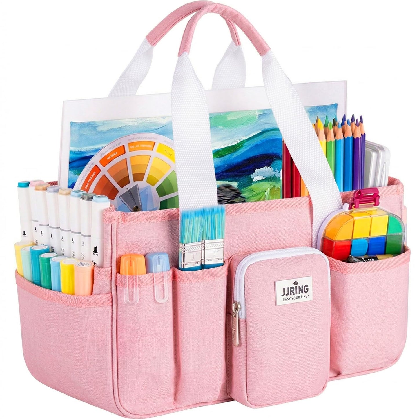 Jjring Craft Organizer Tote Bag, Portable Art Caddy with Adjustable Divider&Secure Zipper Pocket, Large Foldable Storage Tote for Scrapbooking, Sewing, Artist and Home(Pink)