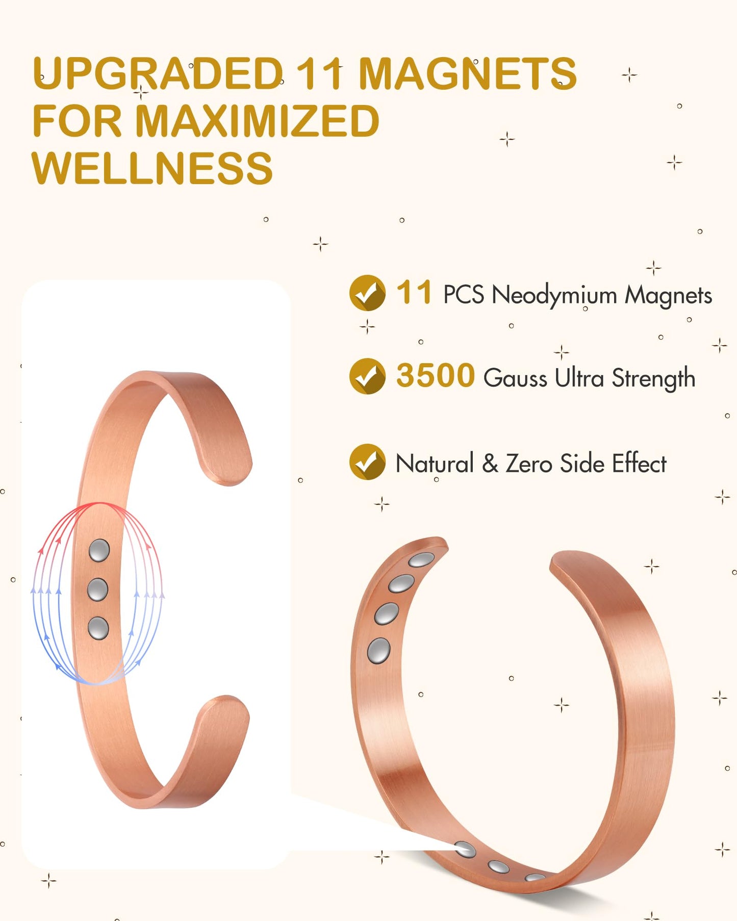 Feraco Copper Magnetic Bracelet for Men Women, 99.99% Pure Copper Cuff Bangle with 11X Effective Neodymium Magnets, Adjustable Jewelry Gifts (Set of 2)