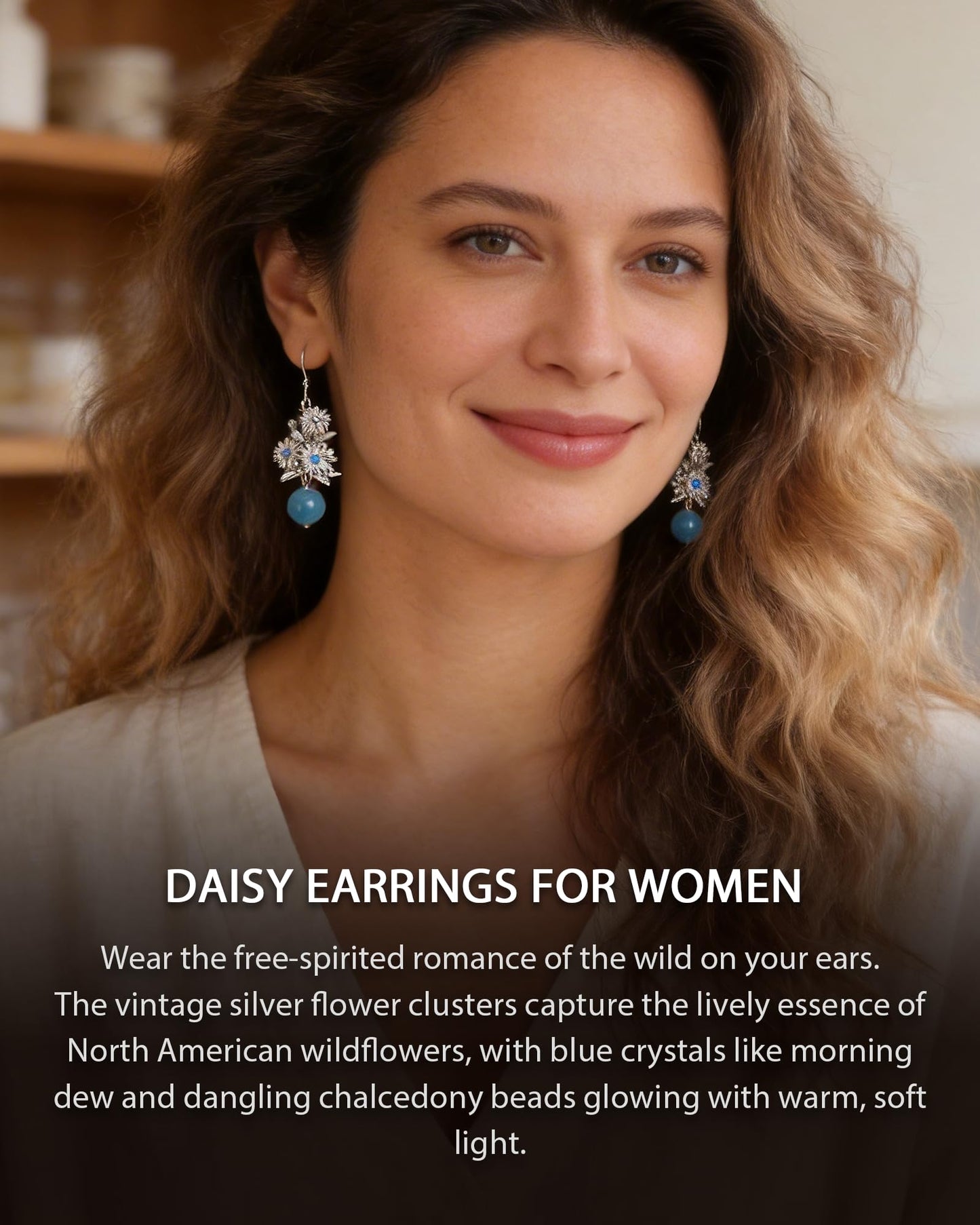 Daisy Dangle Earrings for Women - 925 Sterling Silver Blue Chalcedony Elegant Jewelry Daisy Gifts for Wife Girlfriend