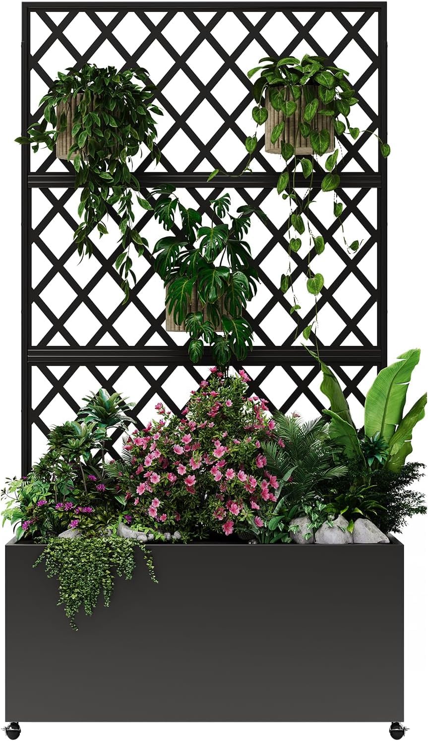 IDEAHOUSE Steel Raised Garden Bed w/Trellis & Privacy Screen - 71x46x16 in Planter Box w/Lockable Casters, Drainage Holes for Vines, Vegetables on Patio, Deck, Yard, Black