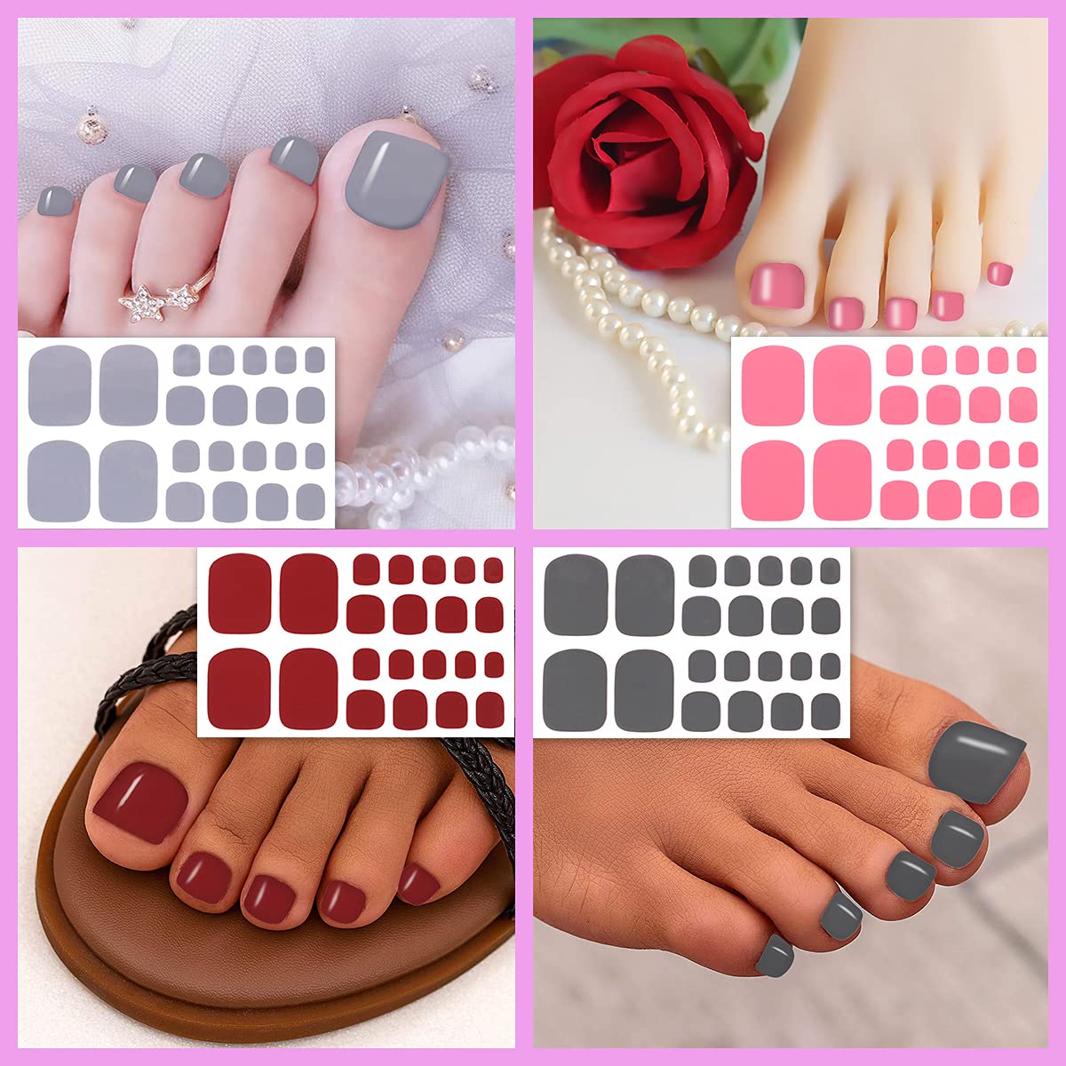 SILPECWEE 20 Sheets Adhesive Nail Polish Strips for Toes Solid Color Nail Stickers Full Nail Wraps Manicure Kit with 1Pc Nail File for Women