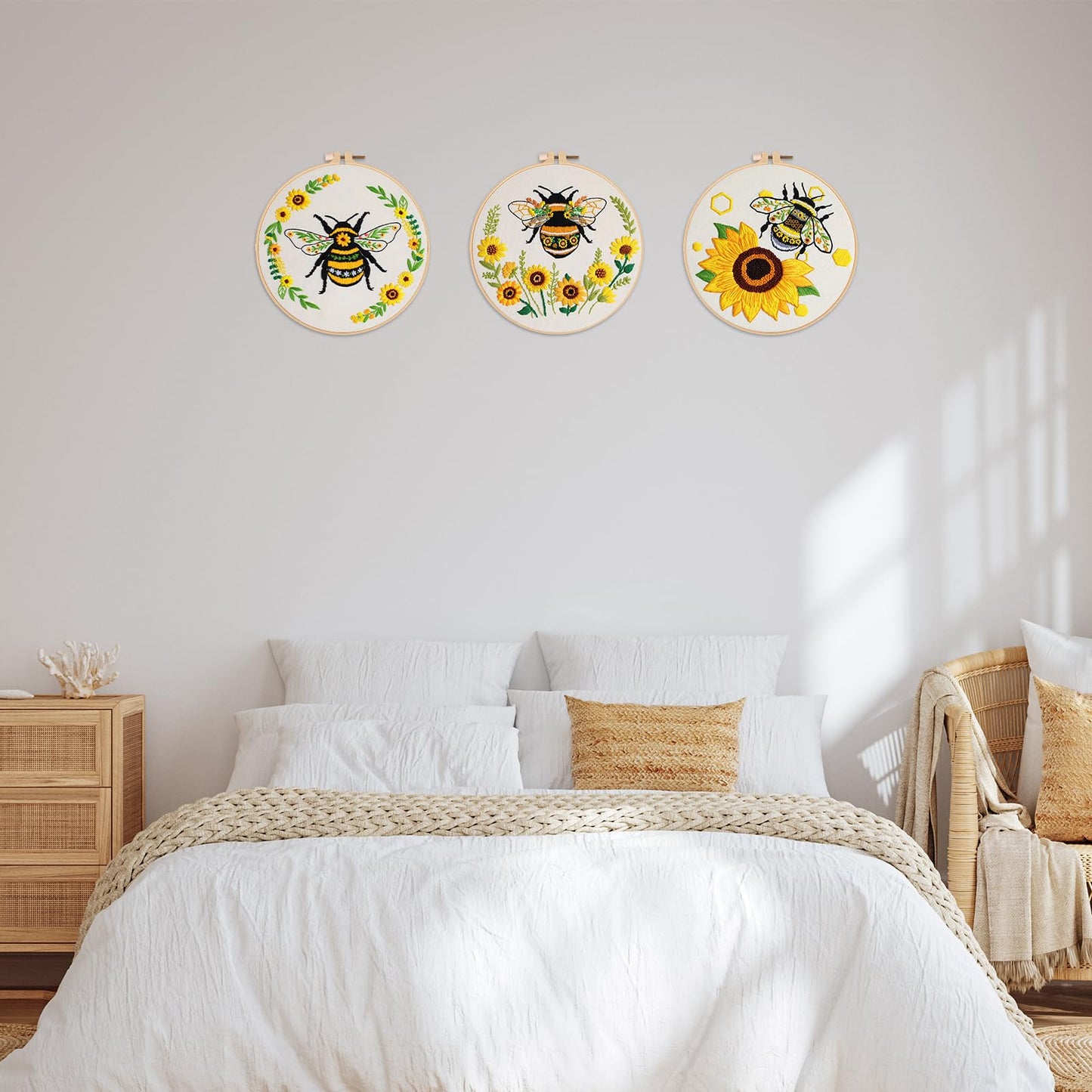 Nuberlic 3 Pack Embroidery Kit for Beginner Adults, Cross Stitch Set with Cute Bee Patterns, Includes Cloth, Hoops, Threads, Needles, Instructions