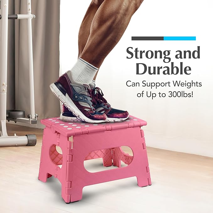 Handy Laundry Folding Lightweight Step Stool - Sturdy Enough to Support Adults and Safe Enough for Kids - Opens Easy with One Flip - Great for Kitchen, Bathroom or Bedroom (Pink - 9 Inch)