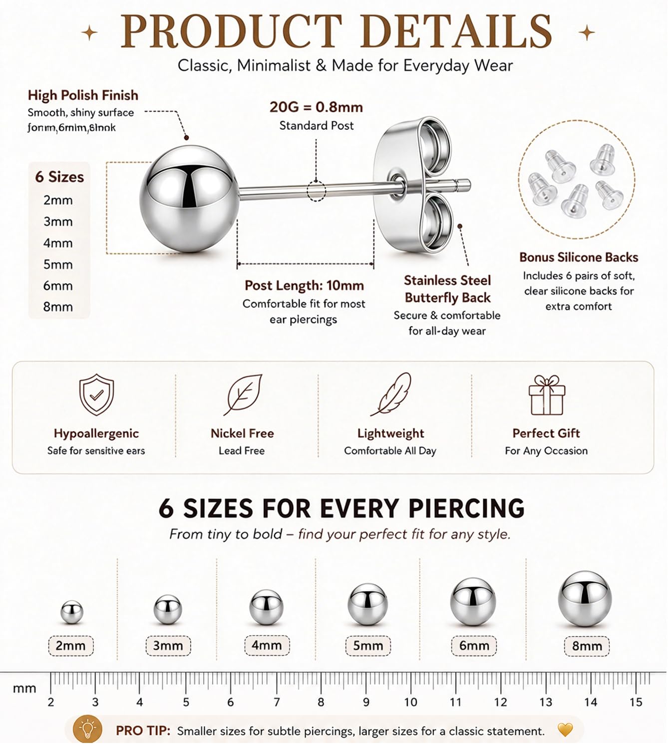 6 Pairs Stainless Steel Ball Stud Earrings Set for Women Men, Hypoallergenic Tiny Round Stud Earrings Multipack, 20G Small Silver Ball Earrings for Multiple Piercings Cartilage Earlobe, 2/3/4/5/6/8mm