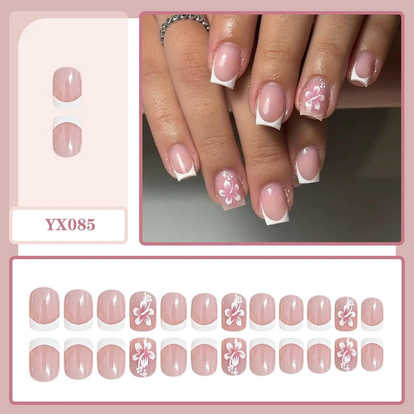 24 Pcs Flower Press on Nails Square White French Tip Fake Nails with Designs Glossy False Nail Spring Floral Stick on Nails Full Cover Short Acrylic Nails for Women Manicure Decorations