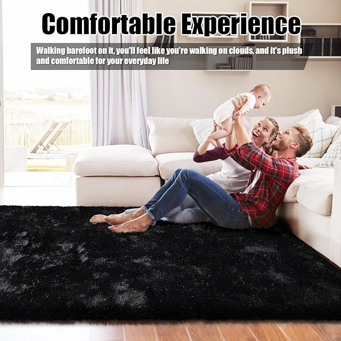 Ultra Soft Fluffy Area Rugs for Bedroom Living Room 10x12, Nursery Rug, Non-Slip Carpet for Kids Dorms Decor, Shaggy Bedside Rug, Black