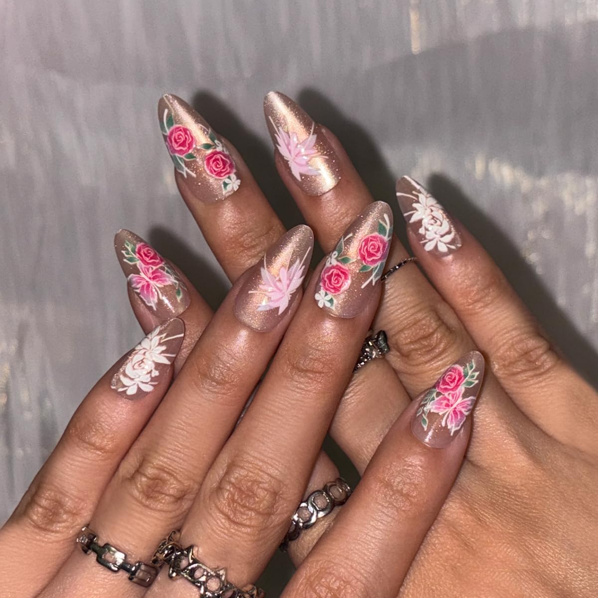 Spring Press on False Nails Gold Cat Eye Fake Nails Medium Almond Glue on Nails with Pink Flower Butterfly Designs Press ons Glossy Stick on Nail for Women Manicure 24Pcs