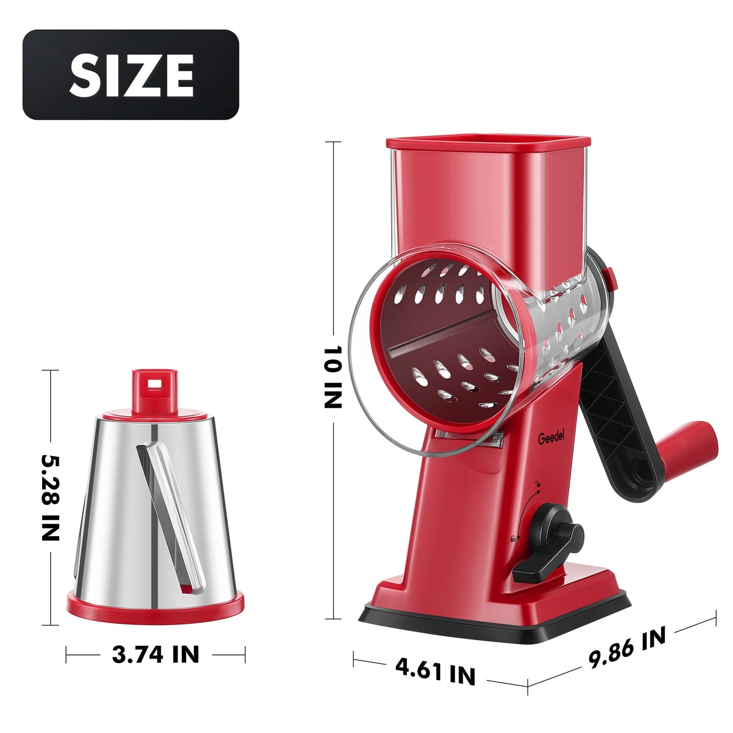 Geedel Rotary Cheese Grater - Upgraded Vegetable Shredder with 4 Interchangeable Blades, Easy to Clean Cheese Shredder with Handle, Kitchen Grater Nuts Grinder for Cutting Cheese, Vegetable, Nuts