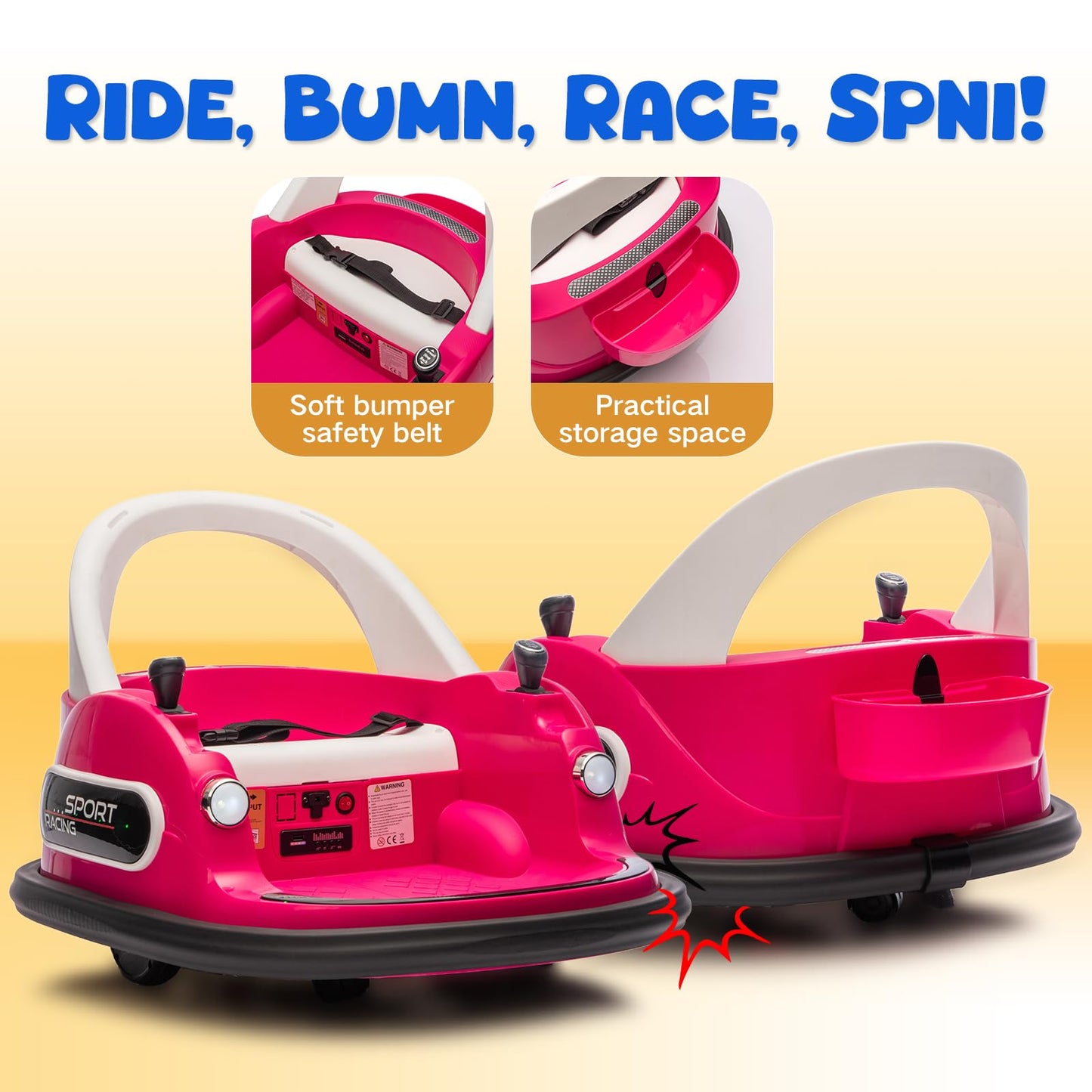 AOKOY Bumper Car for Kids, 12V Kids Ride On Toy with Parent Remote Control, Baby Electric Bumping Car w/ 360 Degree Spin, LED Lights, Rose Pink