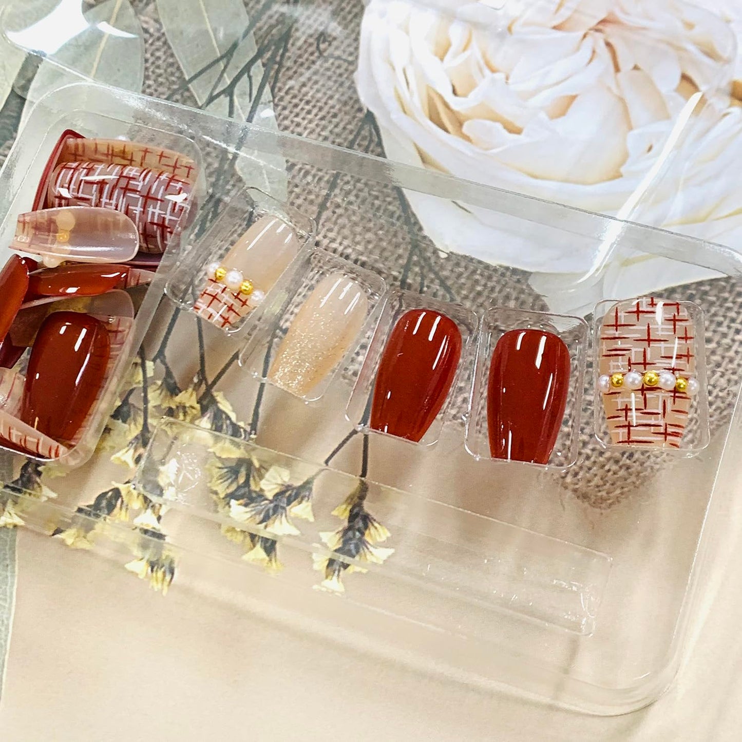 Press on Short Square Nails Glossy Full Cover Acrylic Short Length Square Red False Nails with Pearl Designs Artificial Square Shaped Fake Nails with Charms Glue ons Fingernails for Women Girls