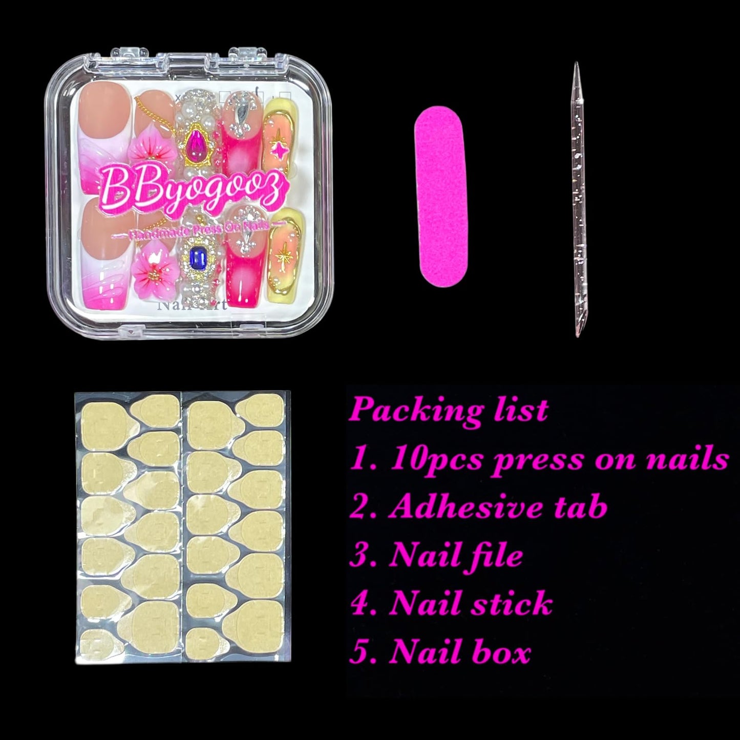 Handmade Press on Nails - 3D Pink Floral Design with Full Diamond & Gold Chains, Medium Long Square Shape Acrylic False Nails, Reusable Luxury Glam Nail Art (Satin Rose, L)