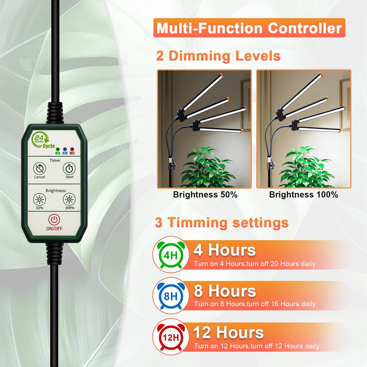 Plant Grow Light with Stand,Super Bright 6000K White Full Spectrum Floor Growing Lamp with Rotatable Dual Light Head & Height Adjustable 17-62" for Indoor Tall Plants, Dimmable & Auto Timer 4/8/12H