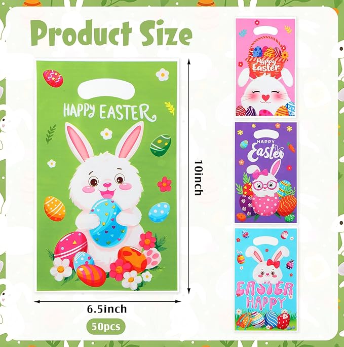 Easter Treat Bags with Handles, 50Pcs Colorful Bunny Treat Bags Bulk, Plastic Goody Candy Cookie Snack Tote Gift Bag for Happy Easter Egg Hunt Activity Spring Holidays Party Favor Supplies Decorations